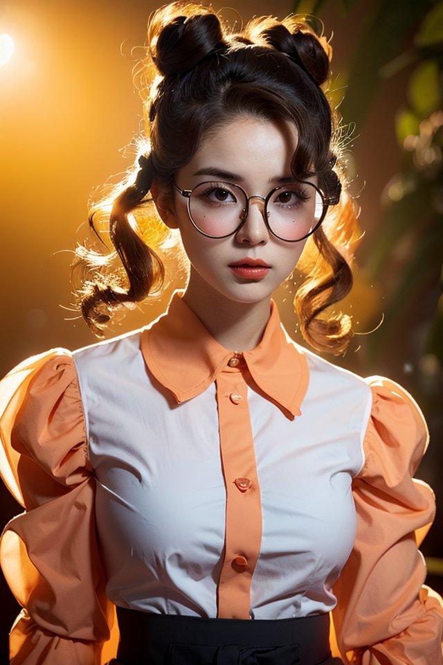 a photo of a glass woman, teenager, egirl, cosplay, 16yo, (Vintage hairstyle | Victory Rolls),butterfly glasses, big lips,...
